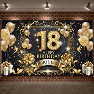 18th Birthday Decorations For - Black Gold Backdrop Banner Happy Birthday Photography Supplies Backg