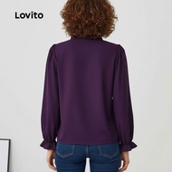 Lovito Women Elegant Blouse Plain Smocked Tie Front Bishop Sleeve Autumn Winter Blouse LBL24434 Lovi