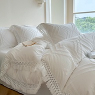 4 IN 1 Pure White Princess Style Bedding Set With Tassel Cutting Flowers Washed Cotton Decoration Be