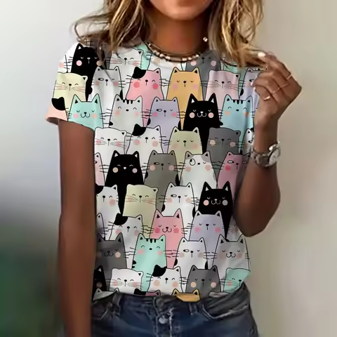 Women's T-shirt 3D Cat Print Clothing Summer Crew Neck Fashion Short Sleeves Elegant Casual Top Loos