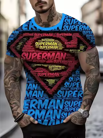 Men Streetwear Graphic T-Shirt Superman Print Short Sleeve Casual Summer Tee Marvel Superheroes T sh