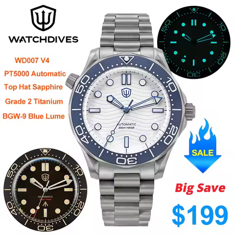 Watchdives WD007 V4 Men Watch PT5000 Automatic Movement Top Hat Bubble Sapphire Crystal Luxury Watch