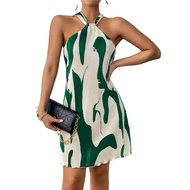 LIGHT DOT Women's Summer Dress Halter Neck Casual Dress Pleated Mini Dress Party Dating Graphic Prin