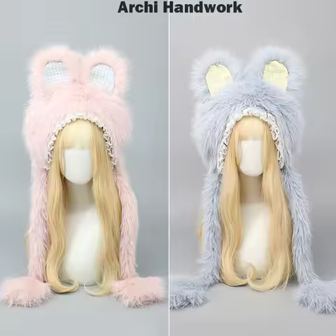 Archi Handwork Monster Bubu Ears Hat Fluffy Headwear Anime Kawaii Girl Rabbit BB Cap Headgear Y2k Co