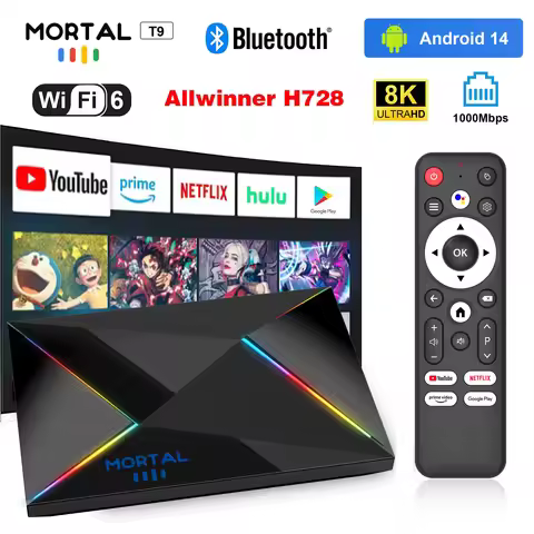 Wifi6 Android14 Streaming TV Box 1000M Smart 8K 4K Home theater Mortal T9 AllwinnerH728 Octa Core Bl