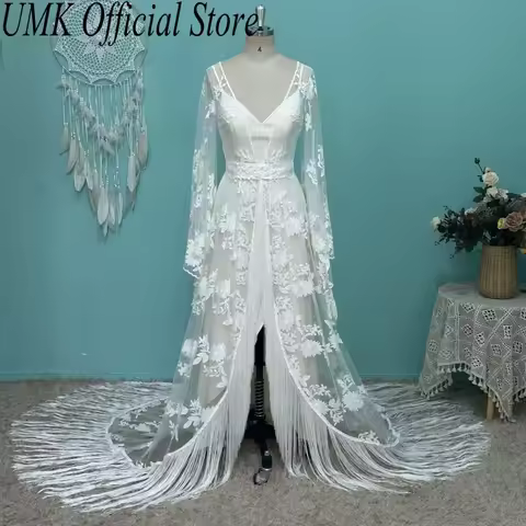Two Pieces Wedding Dress Bohemia UMK Vintage Two Pieces Lace Wedding Dress Bohemia Tassel V Neck Pea