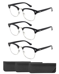 CCVOO 3 Pack Reading Glasses Blue Light Blocking, Retro Semi Rimless Readers for Men Women, Round Ey
