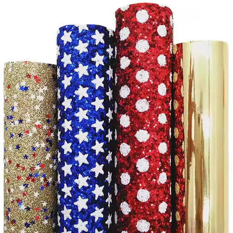 4th July Stars Glitter Leather Fabric Sheets Dots Custom Glitter Leather Mirror Synthetic Leather Fo