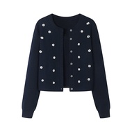 เสื้อสเวตเตอร์ถักลายดอกไม้สีน้ำเงินคราม Etam ฤดูใบไม้ร่วง 2025 เสื้อคลุมคาร์ดิแกนแขนยาวสองชิ้นสำหรับ