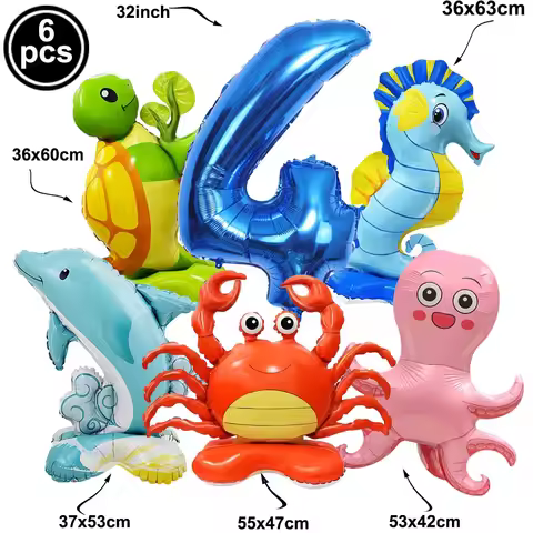 4th Birthday Sea Animal Decoration 32inch Blue Number Foil Balloon SelfStanding Turtle Seahorse Ball