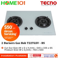 Tecno Glass Cooker Hob 2 Burners T22TGSV - Brushed Silver - LPG/PUB - FREE INSTALLATION
