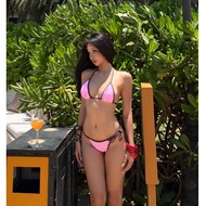 [ Eska ] Cute pink checkered beach Bikini with brown trim