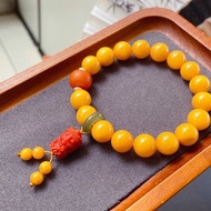 天然蜜蠟單圈手串 滿蜜雞油黃 蠟質濃厚 配南紅瑪瑙 老蠟