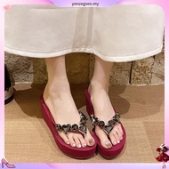 Plaid Shop * [KNM915T] Front 3.5cm Rear 7cm Wedge Flip-Flops Rhinestone Gem Decoration Round Head Th