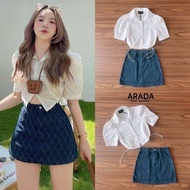 (พร้อมส่ง) Arada 14 เซตเสื้อคอเชิ๊ตแขนพองมาพร้อมกระโปรงยีน ดีเทลเสื้อเเต่งกระเป๋าช่วงอก 2 ข้าง