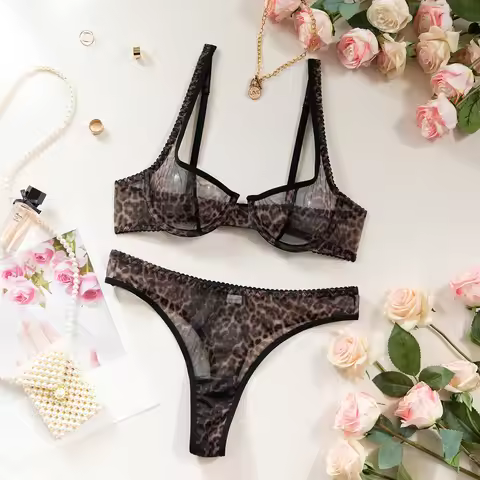 Leopard Print Bra Set Summer Mesh Breathable Underwear Set With Steel Ring Gathering Anti-sagging Ha