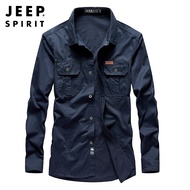 JEEP SPIRIT เสื้อเชิ้ตลายสก็อตผู้ชายใส่ทำงานลำลองผ้าฝ้ายแท้แขนยาว