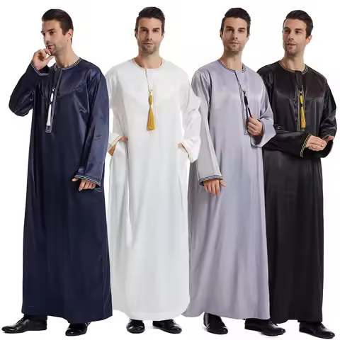 Islamic Muslim Arabic Men's Robe Long Sleeve Embroidered Stand Collar Arabian Thobe For Men Djellaba
