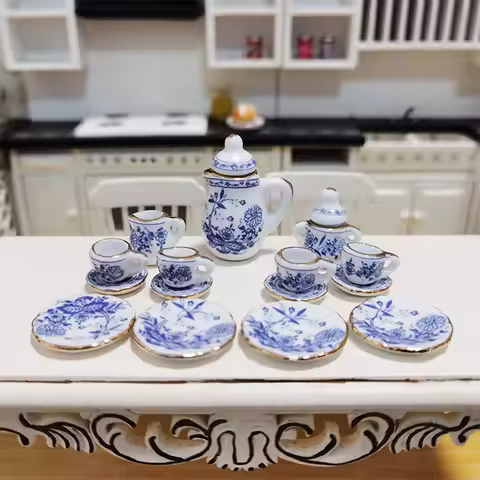 1set/15pcs Miniature ceramic tea set, dollhouse playhouse toys, pocket miniature tea set, miniature 
