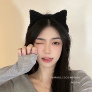 黑色毛绒猫耳朵发箍女可爱洗脸万圣节发卡头饰高级感小熊发饰Black plush Cat's ears (Steamed cat-ear shaped bread) hair band, cute gi