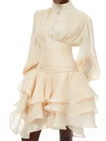 Chic Victorian-inspired Mini Dress Women Puff-sleeve Ruched Tiered Romantic Cottagecore Party Dresse