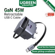 UUGREEN USB C Charger Plug, 45W 3-Port Fast Charger Plug with Retractable Cable, USB C Charger