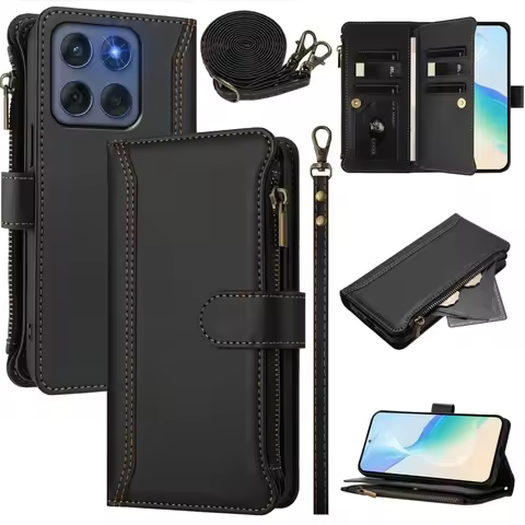 Flip Case For Motorola G56 G86 G96 5G Crossbody Zipper Leather Wallet Case Moto G66J G66Y G56 G86 G0