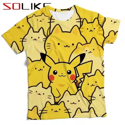 2026 New Bandai Japanese Anime Men Women Pokemon Pikachu Cat Print T-shirt Anime Casual Tee