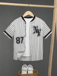 SHEIN 男大童條紋和字母圖案棒球領襯衫不帶T恤