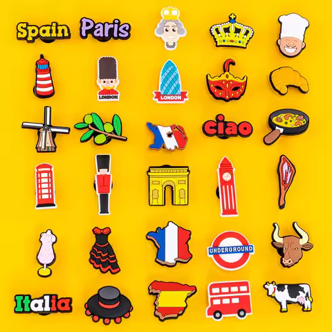 4-30PCS Europe travel United Kingdom France Spain Italy Shoe Charm Mix Wholesale PVC DecorBuckle Det