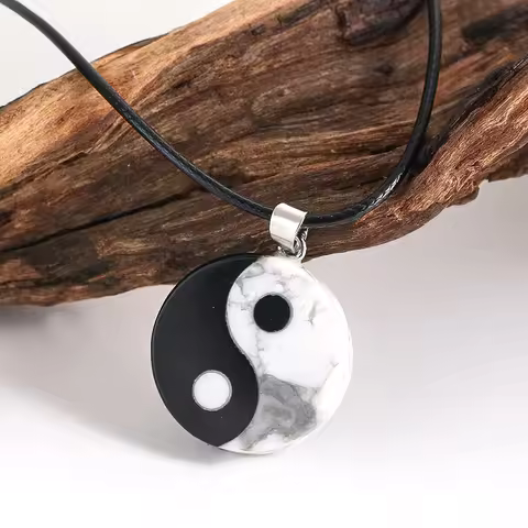 Natural White Pine Tai Chi Pendant Necklace Chinese Feng Shui Yin Yang Amulet Charm Rope Chain Auspi