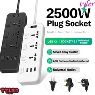 TYLER Power Strips, Universal US UK EU Plug Electric Plug Socket, Durable Independent switch control Extension Lead Cable 2500W Power Extension Board Dorm