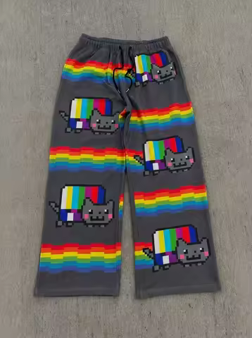 Men's and Women's Sports Pants Y2K Retro Rainbow Cat Loose Wide Leg Pants Harajuku Street Wear Casua