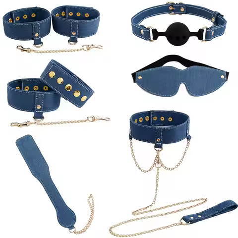 New 6pcs/set Adjustable PU Leather BDSM Bondage Kit Harness Handcuffs BDSM Collar Ankle Cuff Whips M