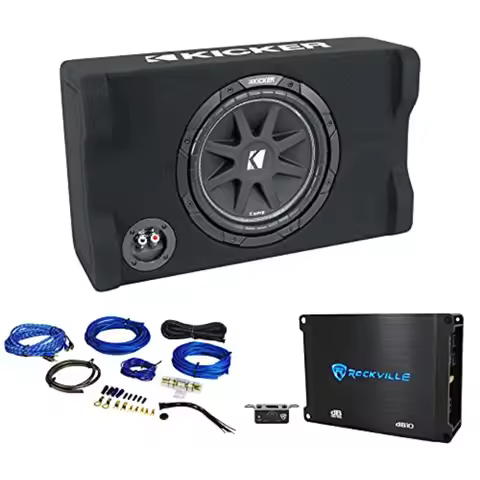 Car audio subwoofer system: down-firing 10-inch 300W sub with mono amplifier and amp kit, black, hig
