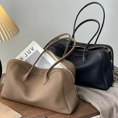 Genuine Togo Leather Shoulder Bag Fashion Pillow Bowling Boston Bag Large Capacity Crossbody