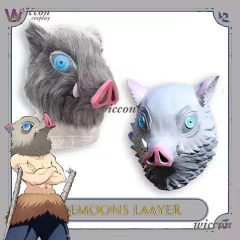 CosC Anime Hashibira Inosuke Mask Helmet Kimetsu No Yaiba Cosplay Hood Hair Pig Mask Headwear Hallow