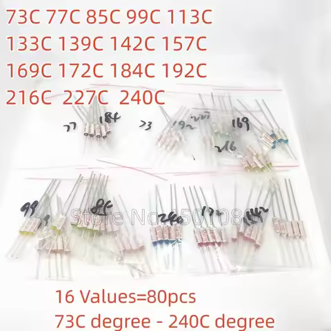 16 Values=80pcs assortment kit Thermal Fuse 10A 250V Thermal Cutoffs 73C degree - 240C degree Temper