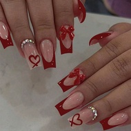 Red French Wearable Nails Red Bow Love Heart Diamond Square nail Patch Manicure Fake Nails Finished 