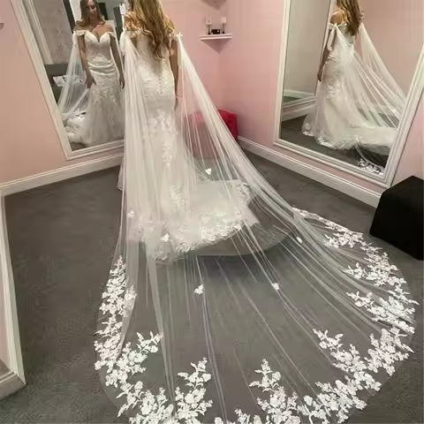 Wedding Veil Handmade Bridal cape veil Cape Bridal Jacket Cloak Long Floral Lace Appliques Shoulder 