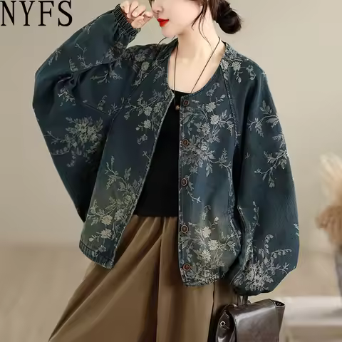 NYFS Women Plus Size Jacquard Denim Coat, Vintage Loose Fit Floral Jacquard Denim Outerwear