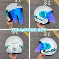 SPECIAL EDITION HELMET LTD SPORT PEARL WHITE LINE TURQOUISE SIANG MALAM CRYSTAL BLUE SIDE COVER TURQ