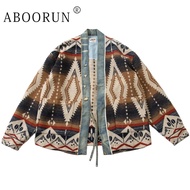 ABOORUN Men Retro Cardigan Robe National Denim Patches Jackets Streetwear Coat For Male