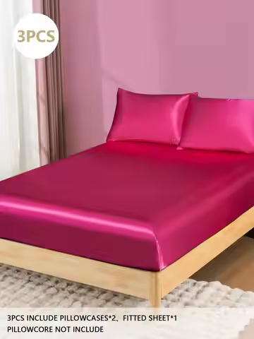 3-Piece Faux Silk Bedding Set: Fitted Sheet + 2 Pillowcases, Solid Magenta