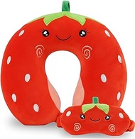 Kids Neck Pillow for Travel with Storage Bag and Sleep Eye Mask, Cute Travel Neck Pillow, Memory Foam Flight Sleeping Headrest Pillow for Boys &amp; Girls, Airplane, Train, Car, Home Use - Red Strawberry