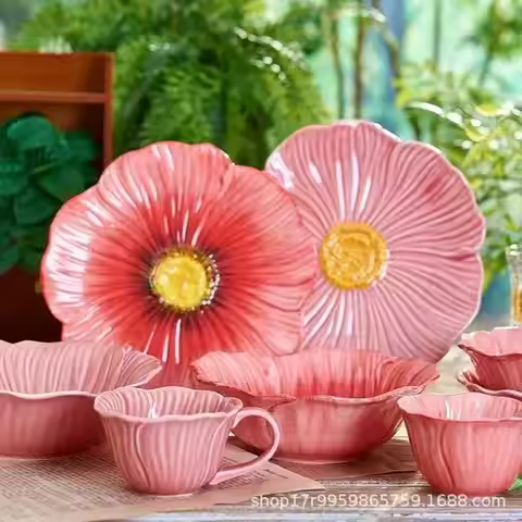 Ceramic Flower Serving Plate Cake Dessert Plate Flower Ceramic Bowl Household Tableware Set Dining T