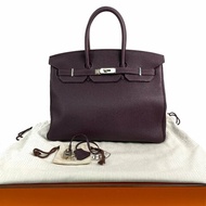 △ Hermes 愛馬仕 Raisin Togo Calfskin Palladium Plated Metal Birkin 35 Hand Bag Stamp [Q] 葡萄紫色Togo小牛皮鍍鈀金