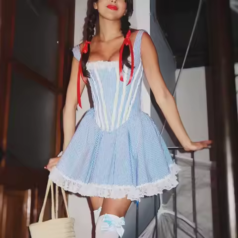 Women's Halloween Dorothy Dress Costume Corset Bodice Blue Gingham Dress Lace Panel Lolita Maid Cost