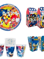 Kit de Fiesta de Personaje Sonic Desechables 40 pz Artículos Carton Platos Vasos Dulceros Palomeros 10 invitados