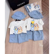 Blu3y 3pc sets tshirt and denim shorts with bucket hat
